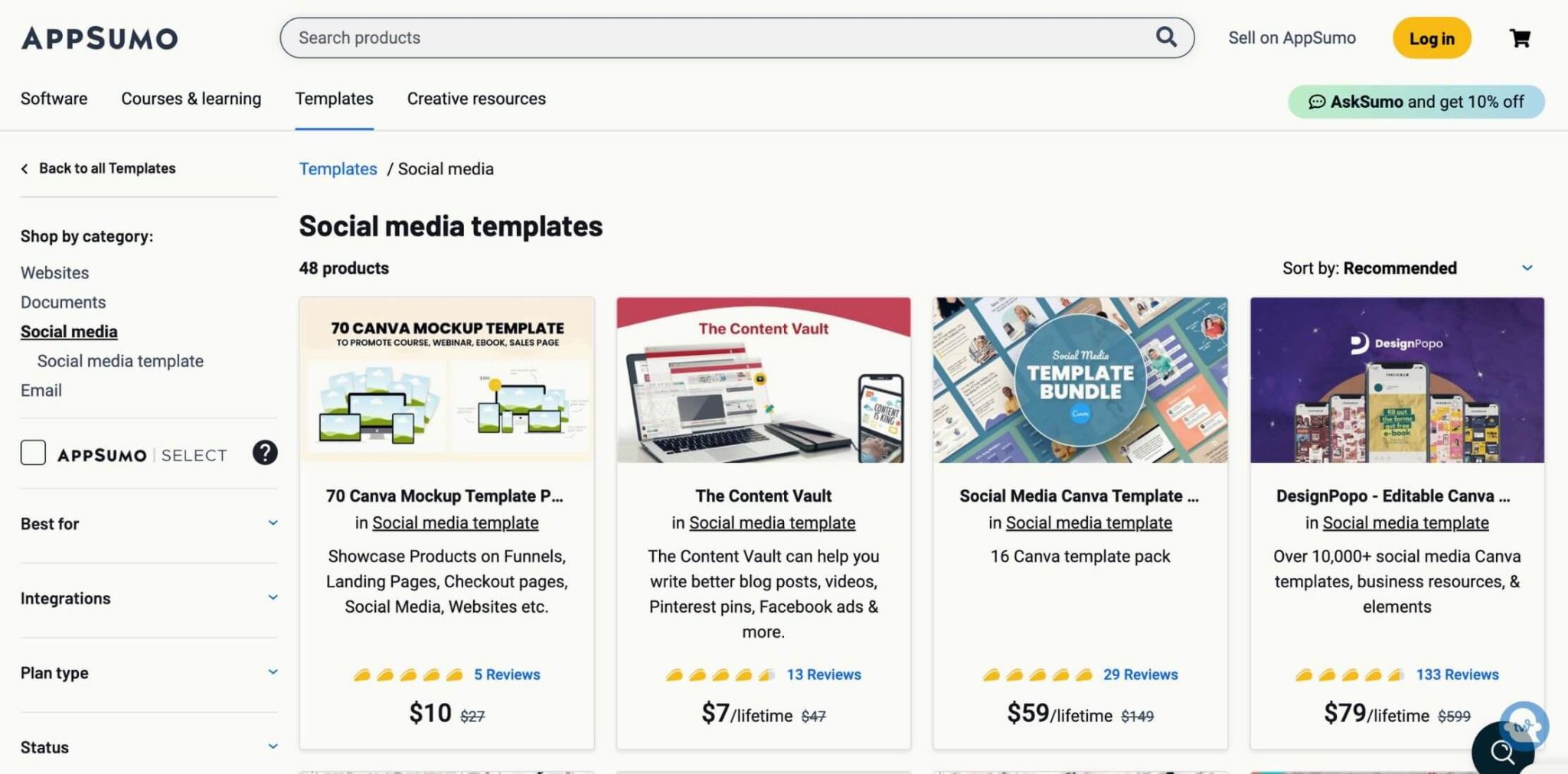 Screenshot of Appsumo's homepage and their Canva templates
