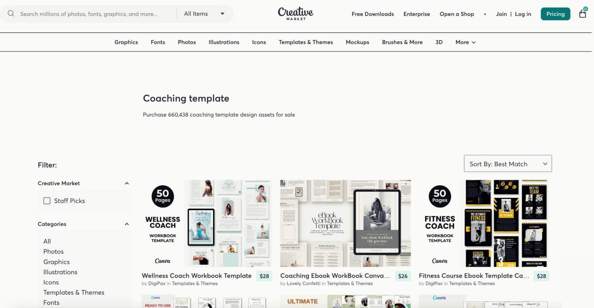 A screenshot from the home page of Creative Market and their canva templates