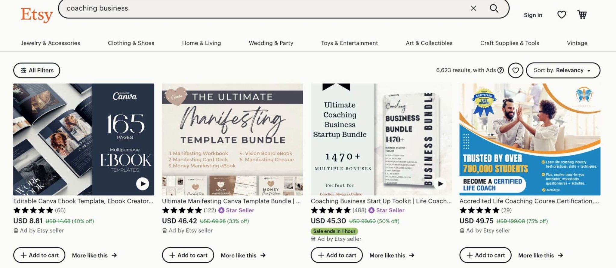 A screenshot from the home page of Etsy and some canva templates