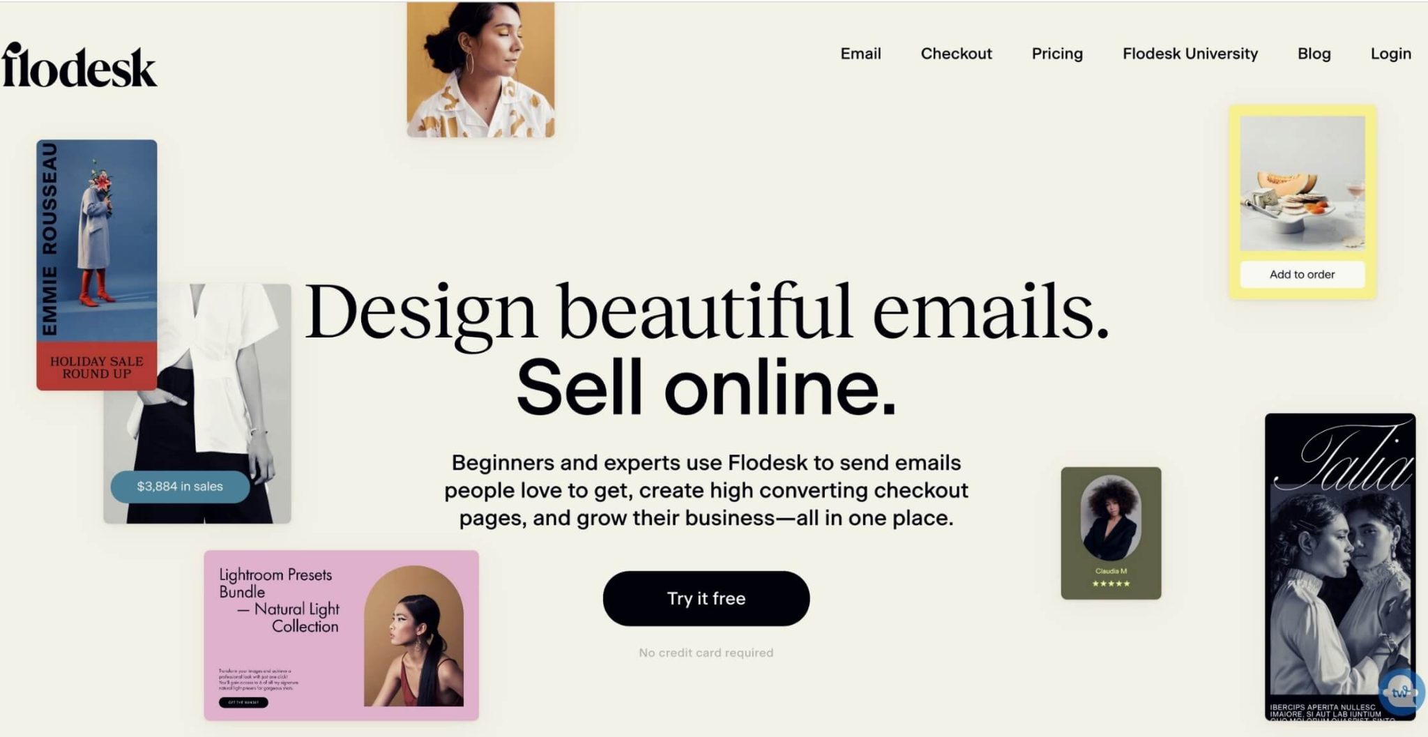 A screenshot from the home page of email marketing service Flodesk