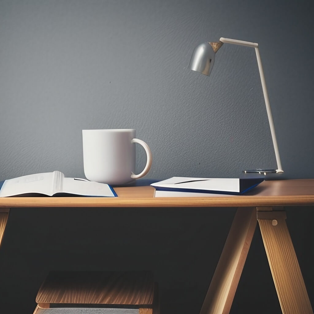 A metal lamp with a white mug and notebooks on a wooden desk 