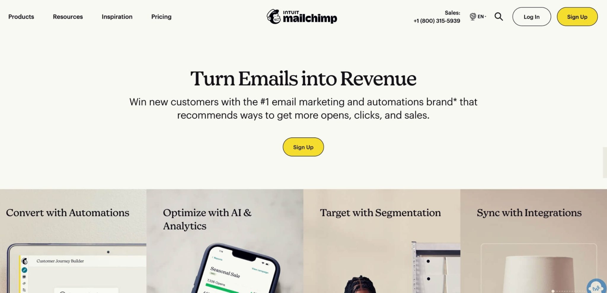 A screenshot from the home page of email marketing service Mailchimp