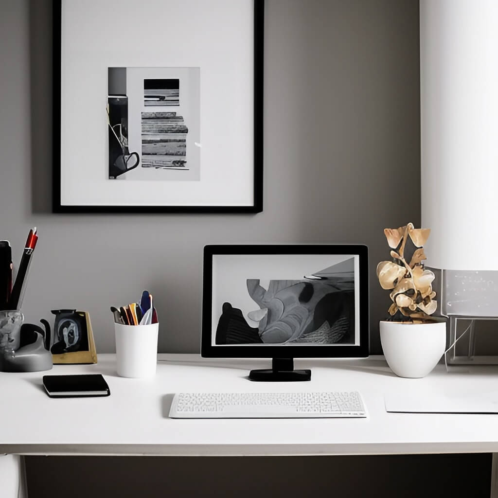 A pc monitor with a white pencil holder, a plant and black notebook on a white desk