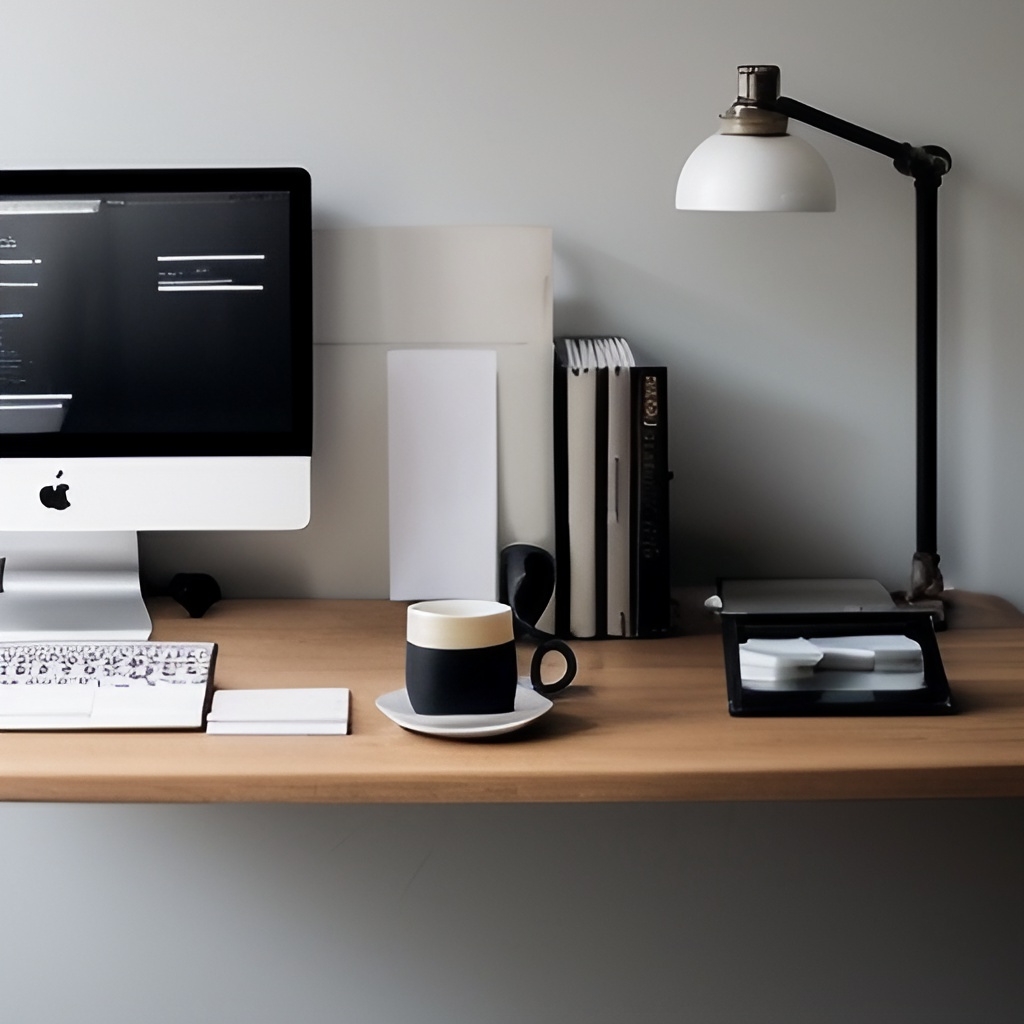 workstation with a pc, a mug and a lamp on a wooden desk