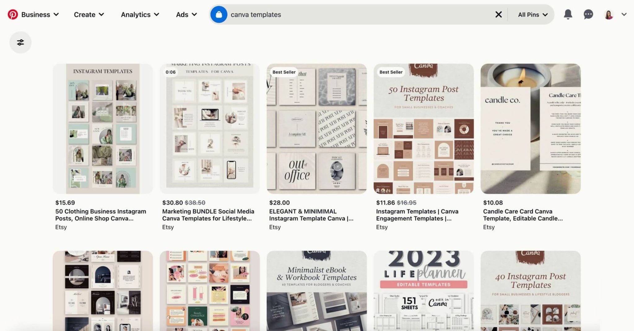 Screenshot of Pinterest's homepage and their Canva templates