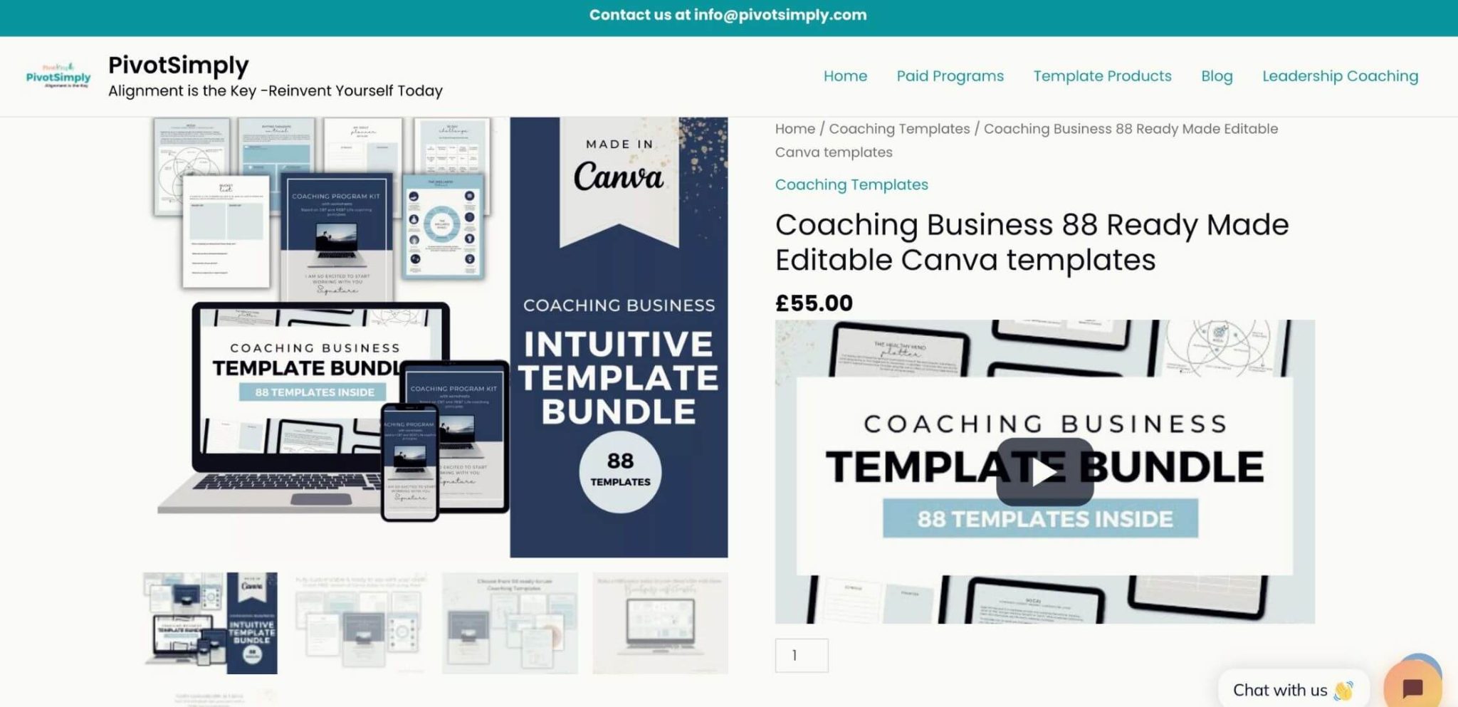 Screenshot of Pivot Simply's homepage and their Canva templates
