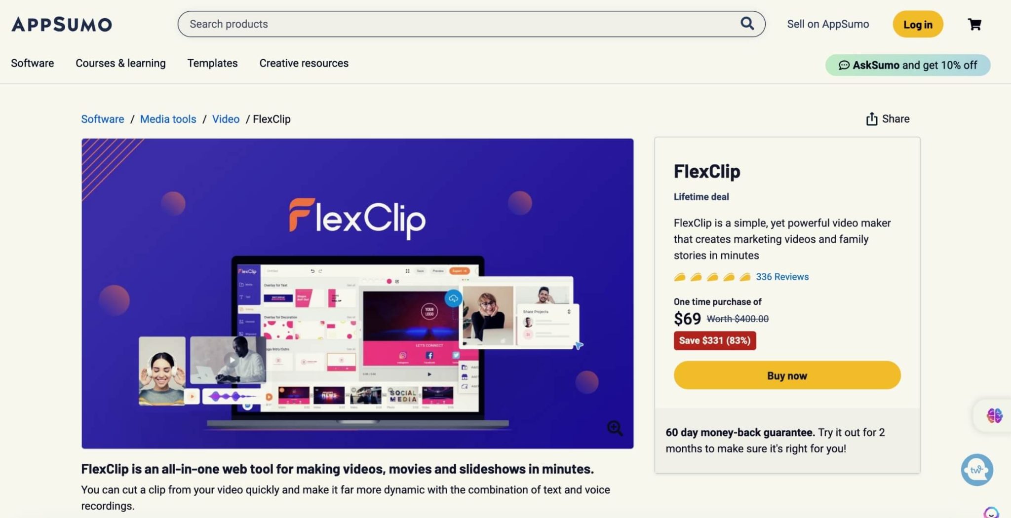 A screenshot of the appsumo website, flexclip