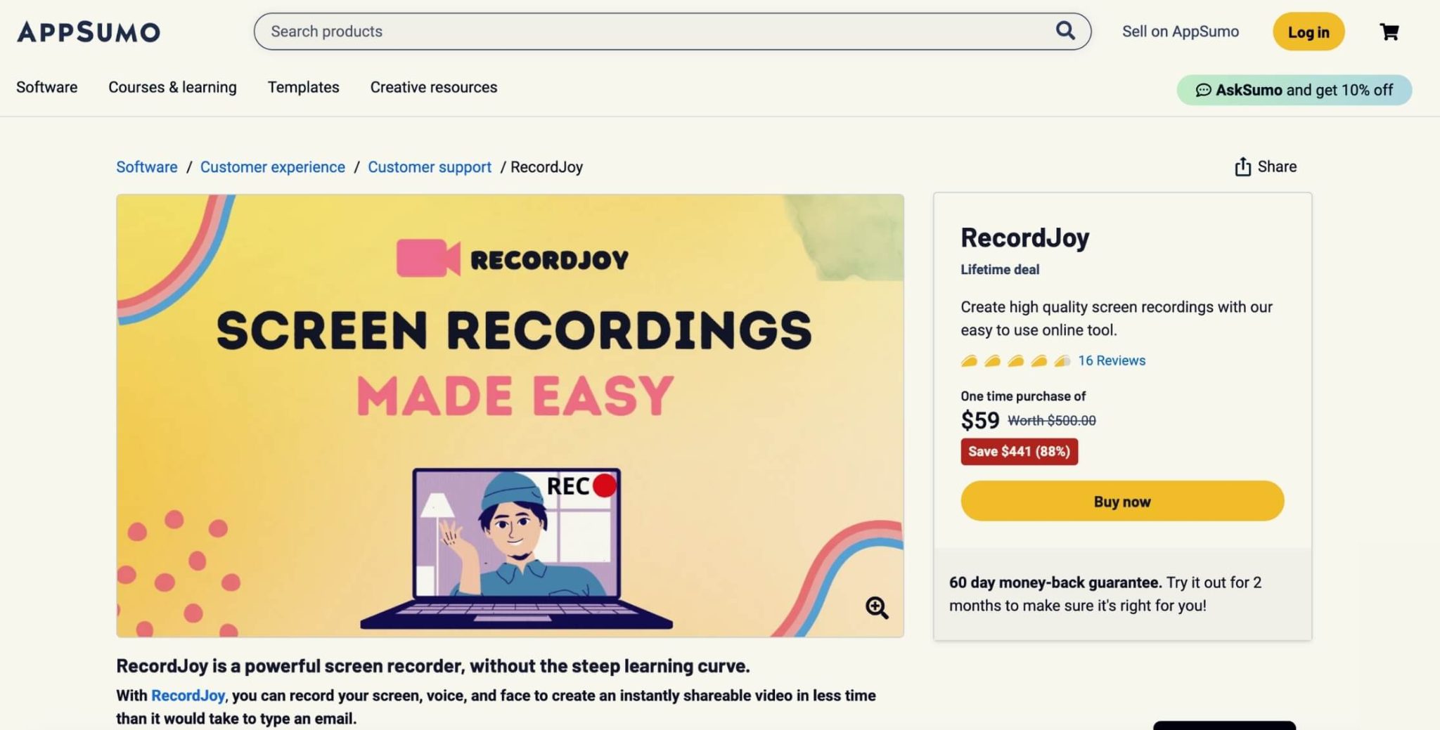 screenshot of the appsumo website, recordjoy
