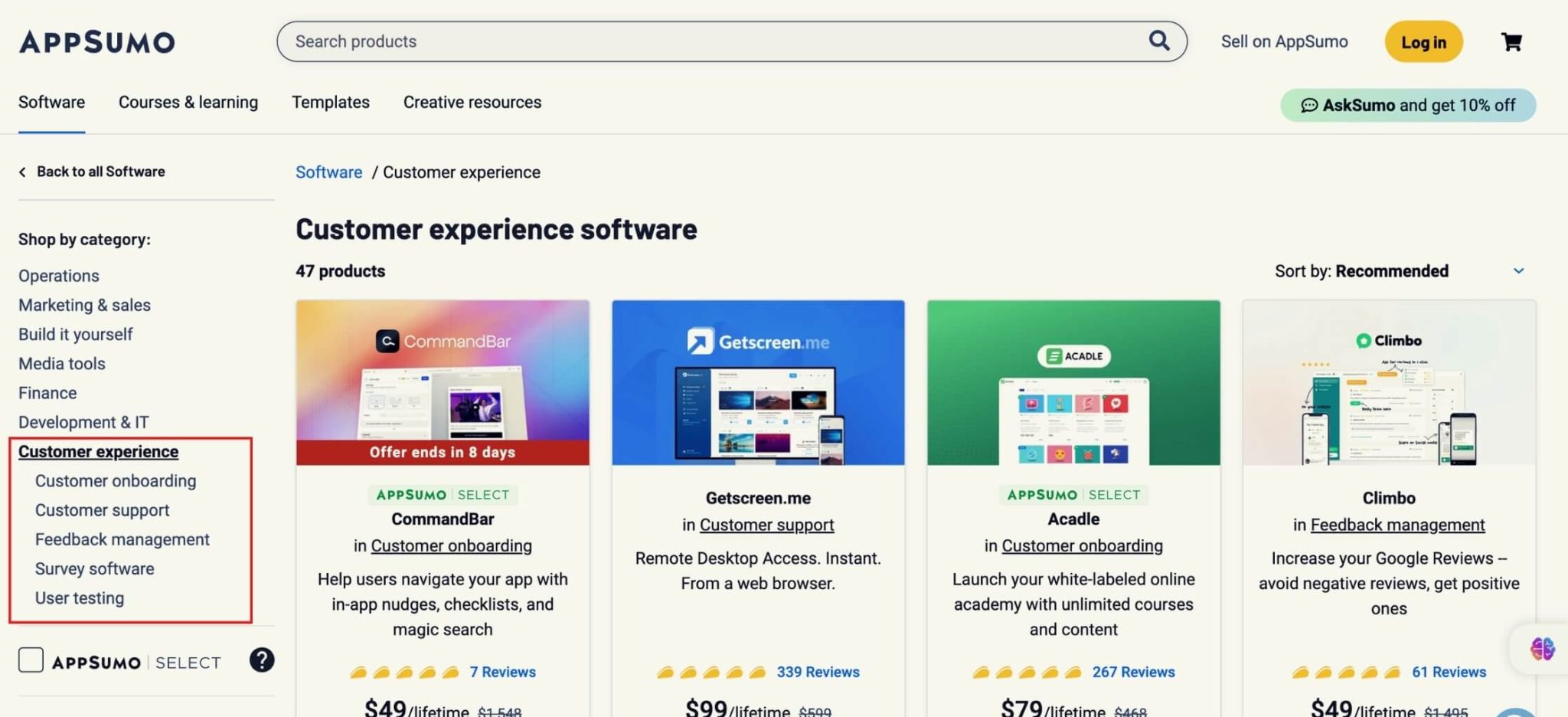 A screenshot of the appsumo website, costumer experience