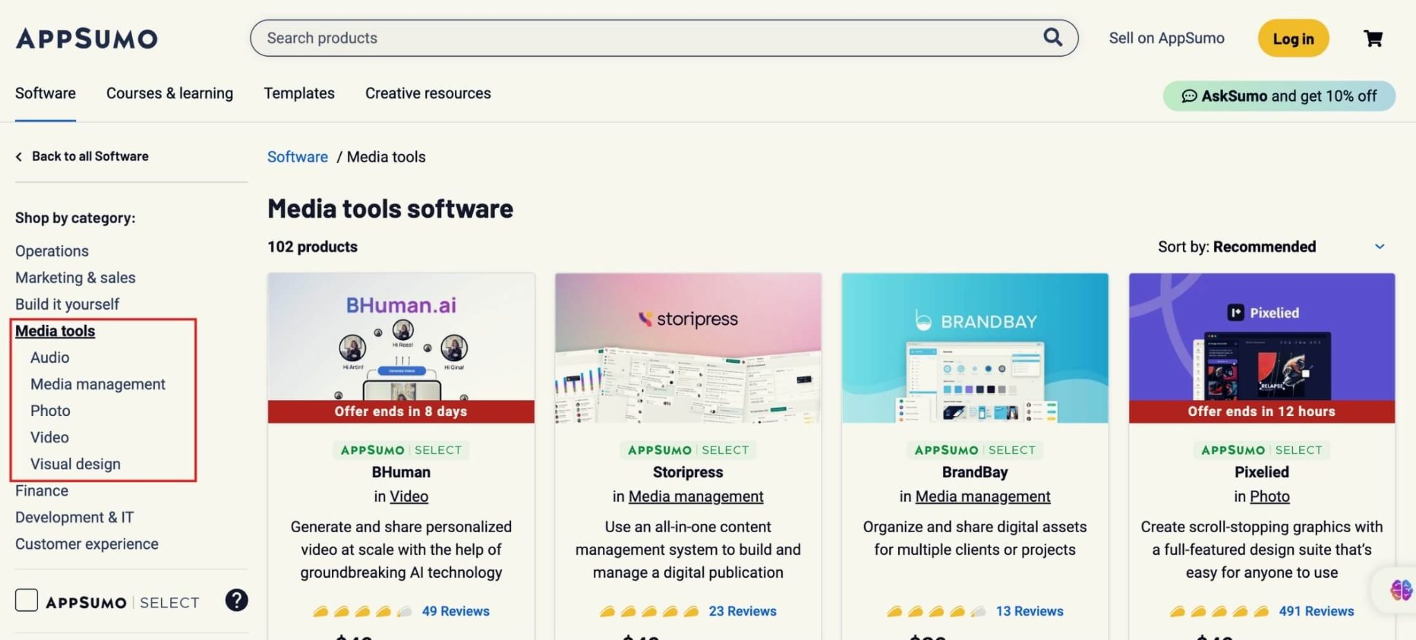 A screenshot of the appsumo website, media tools