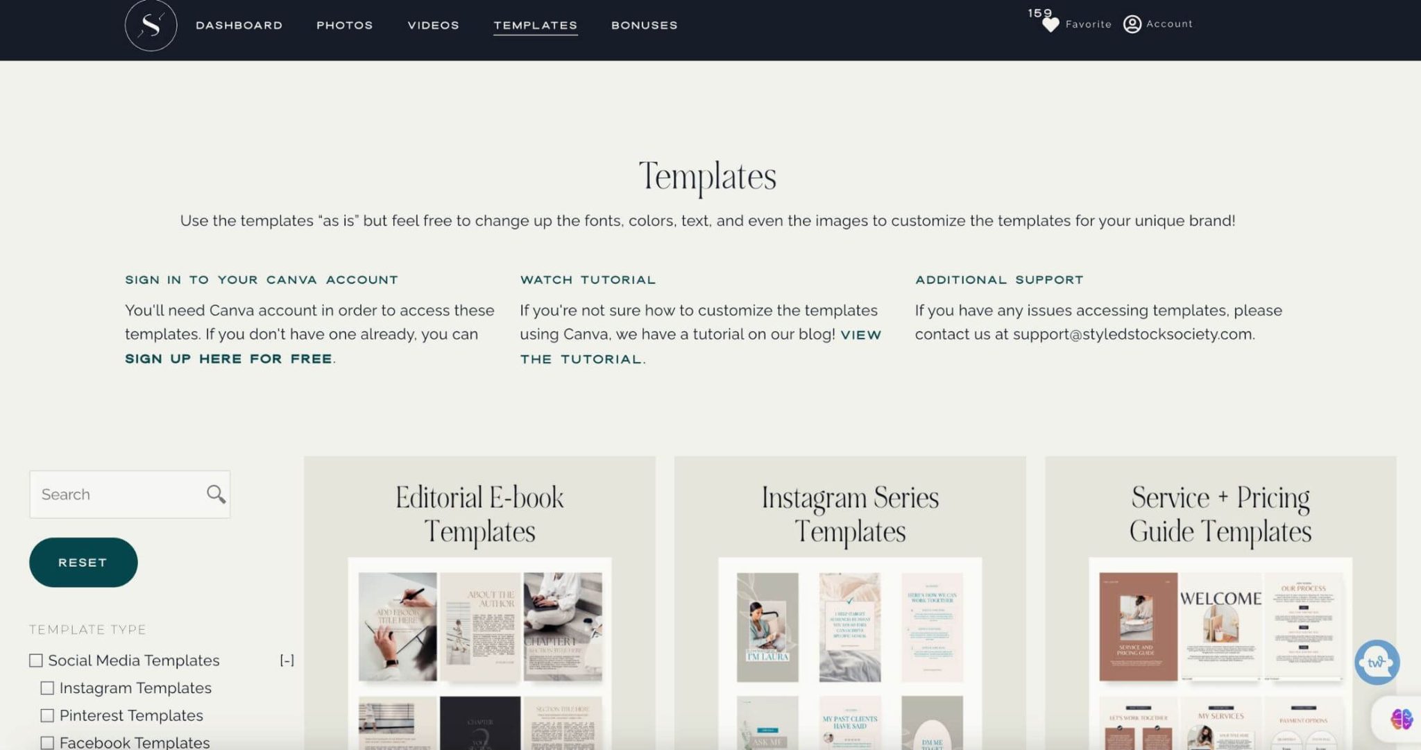 Screenshot of Style Stock Society's homepage and their Canva templates