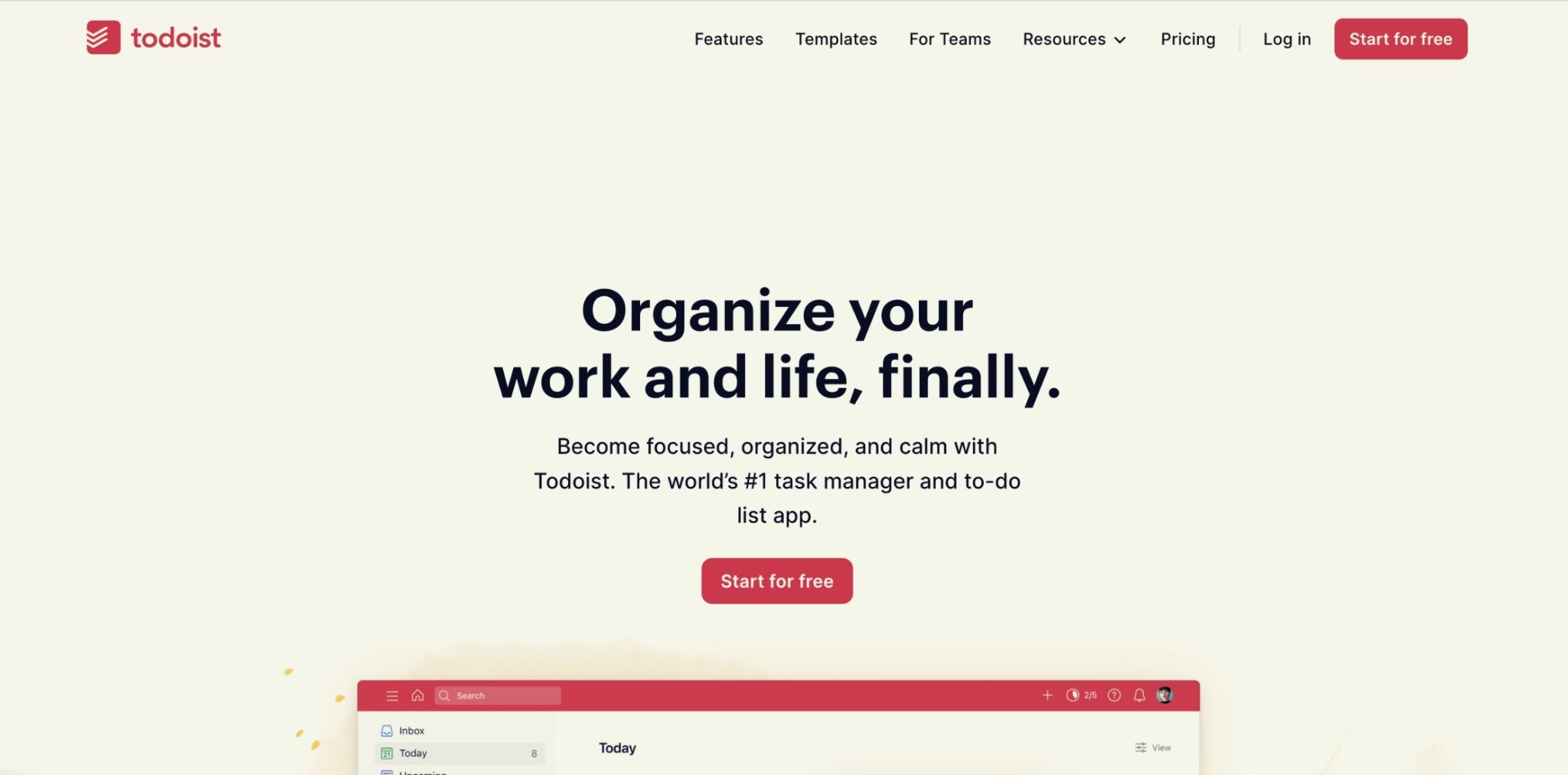 Image of the home page of todoist, a task management tool