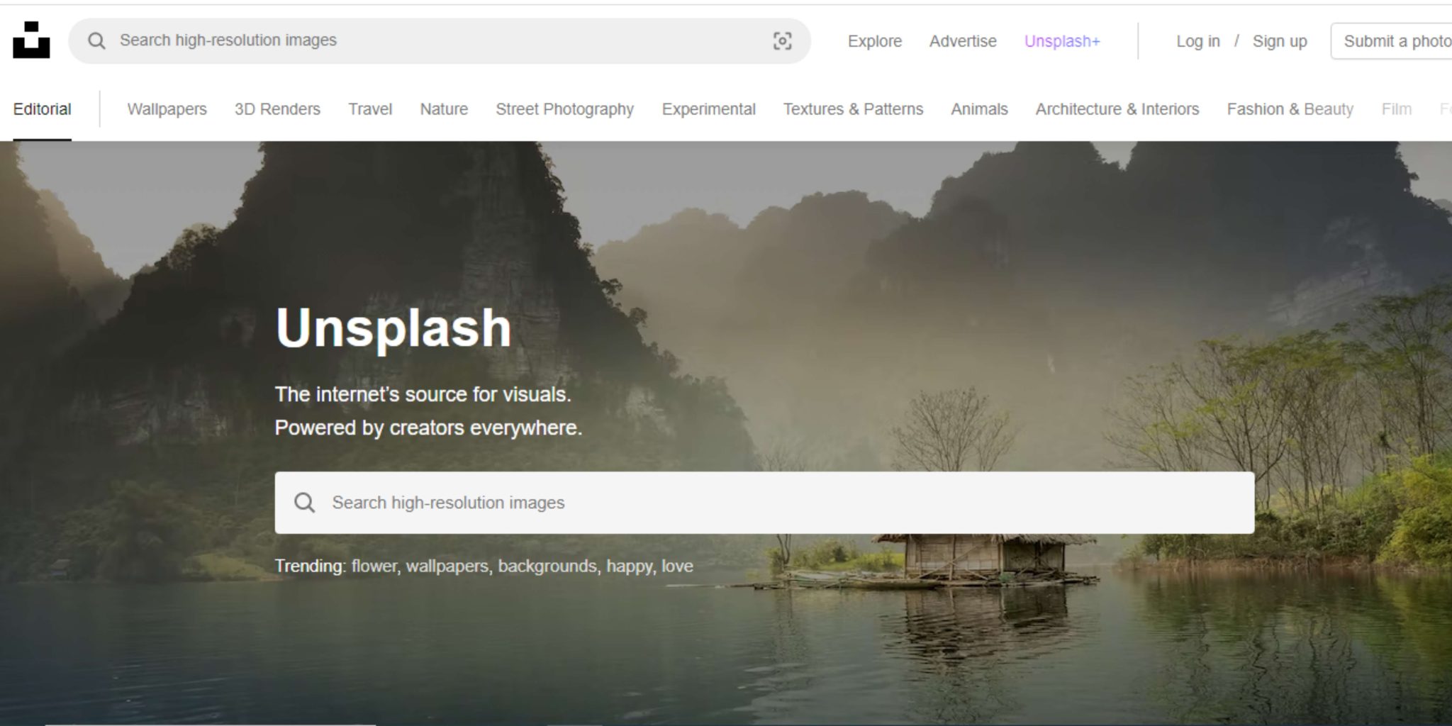 screenshot of unsplash, free stock website