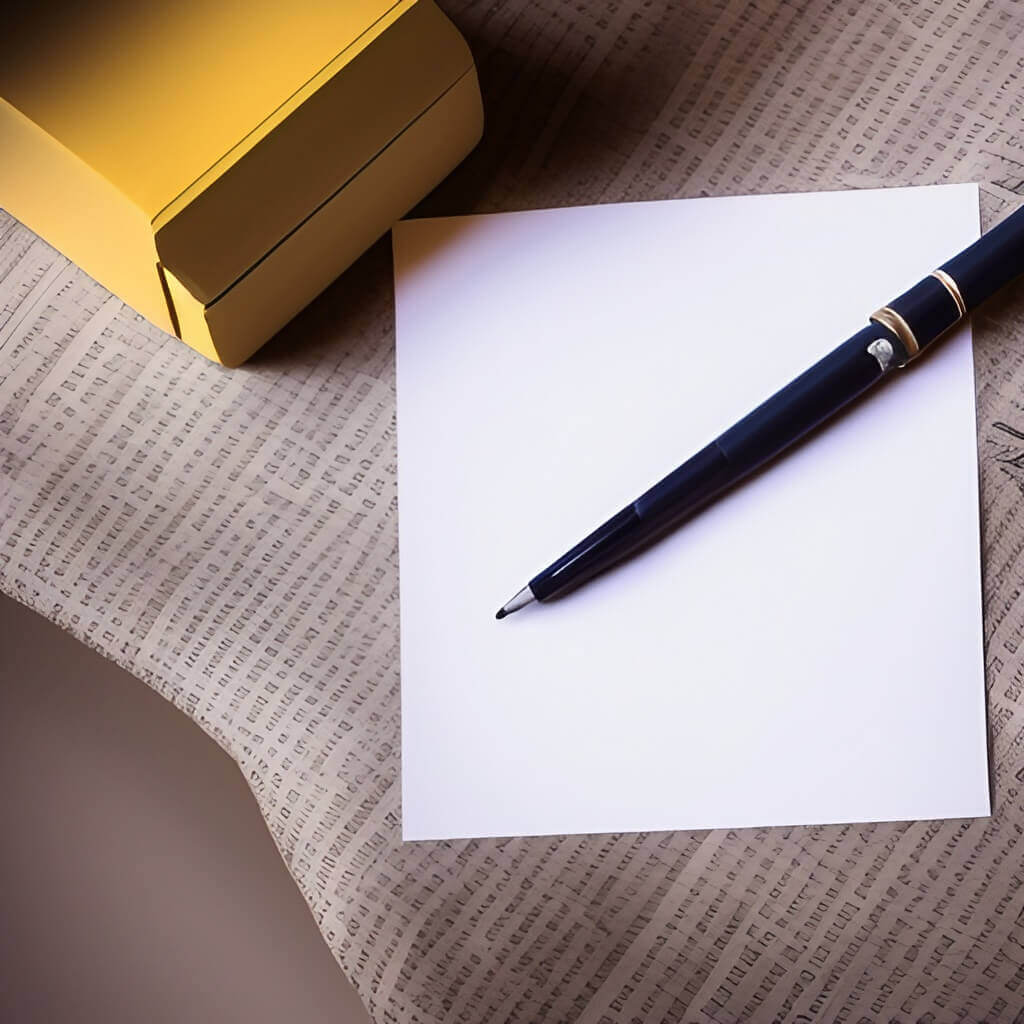 a white paper with a pen pen and a yellow stationery item