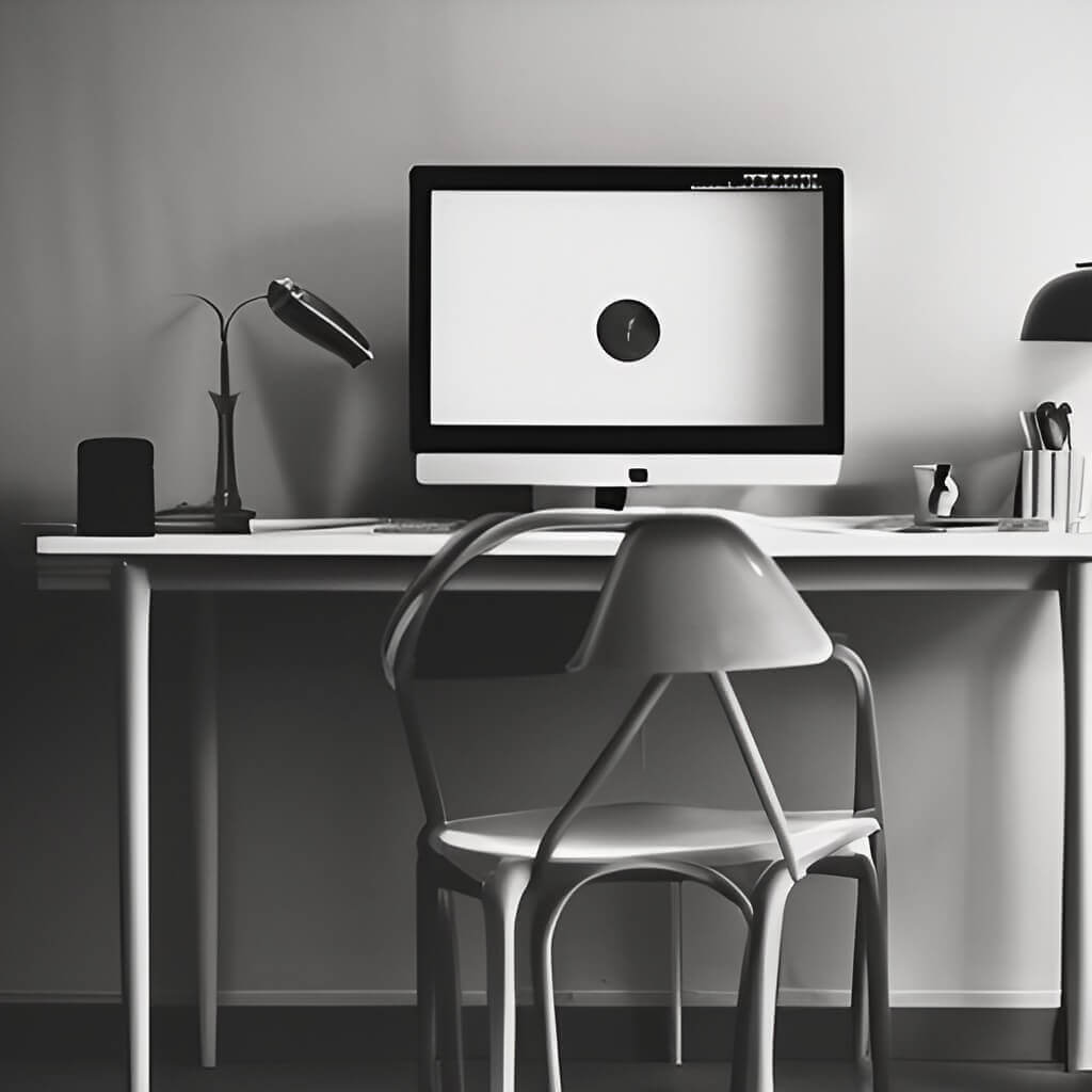 a gray workspace, with a gray computer and a gray chair