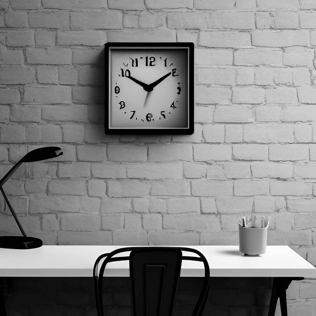 A workspace with a black wall clock