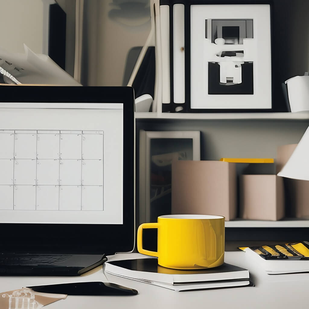 A workspace, a laptop and a yellow mug