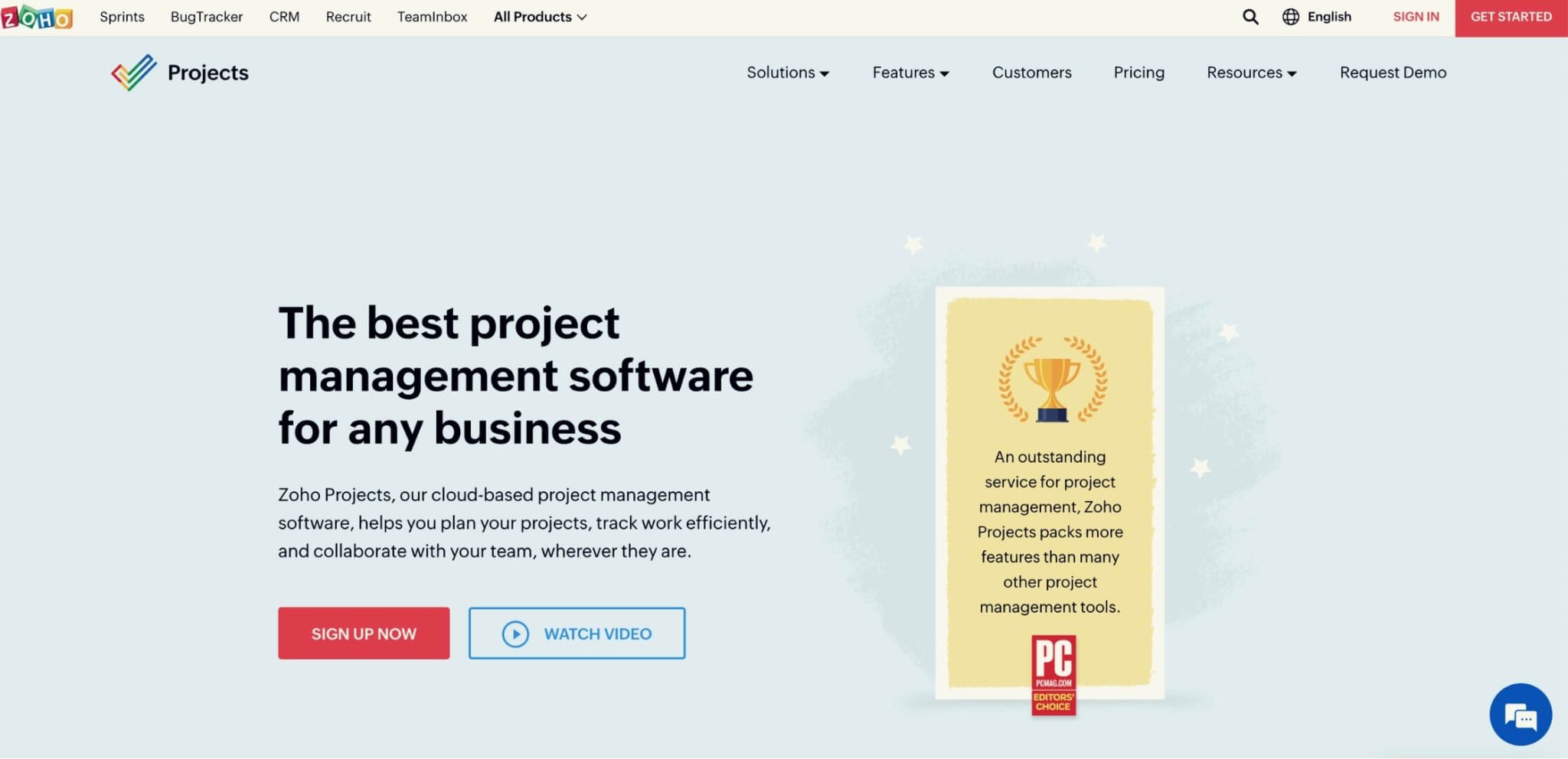 Image of the home page of Zoho Projects, a task management tool