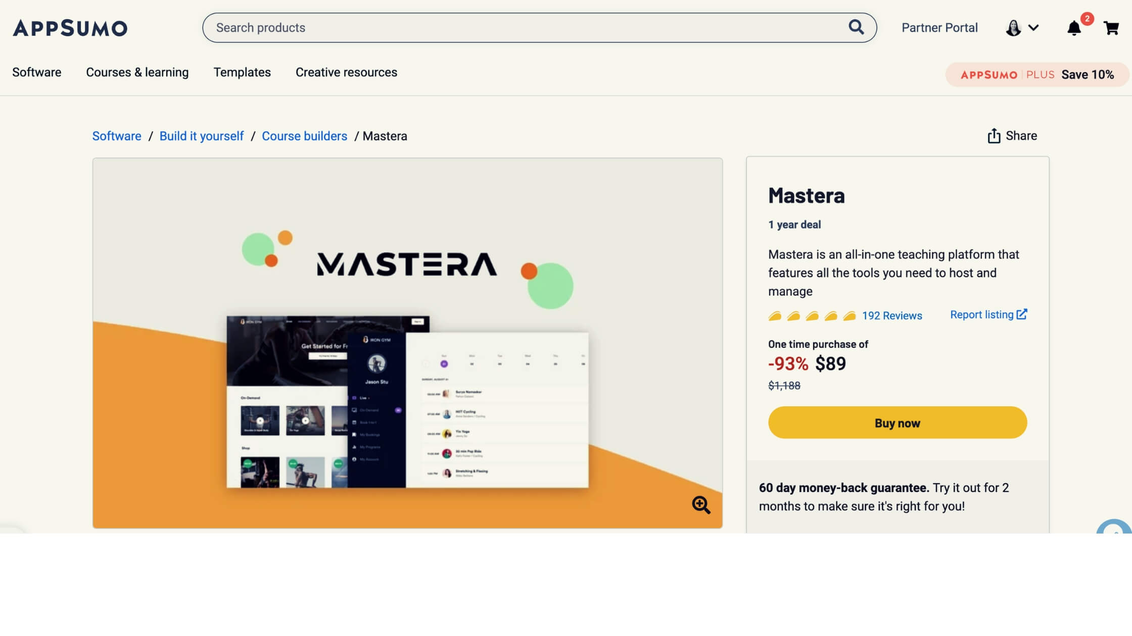 A screenshot of the appsumo website, mastera