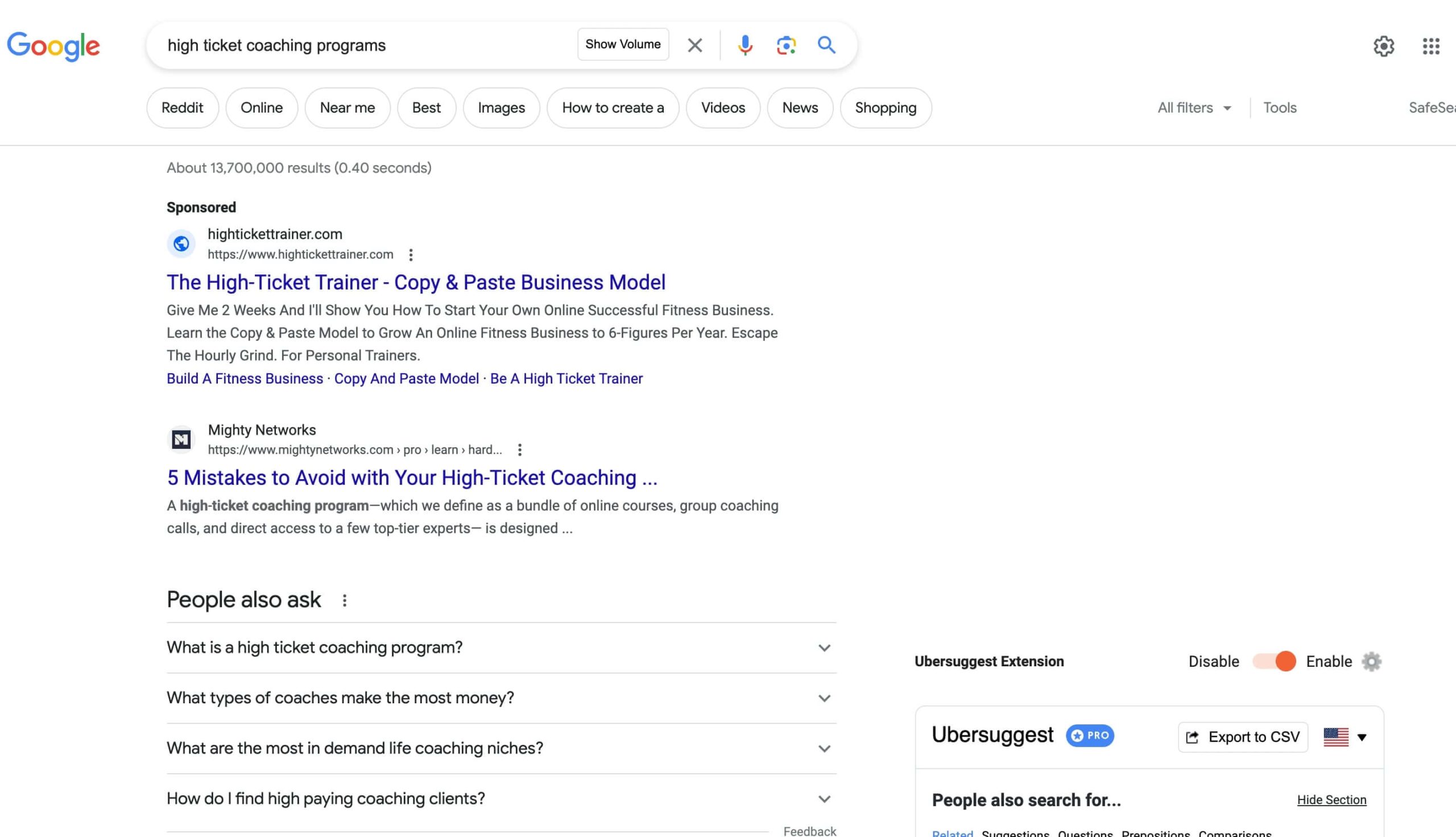 Screenshot of an example of how to search for keywords using Google search bar