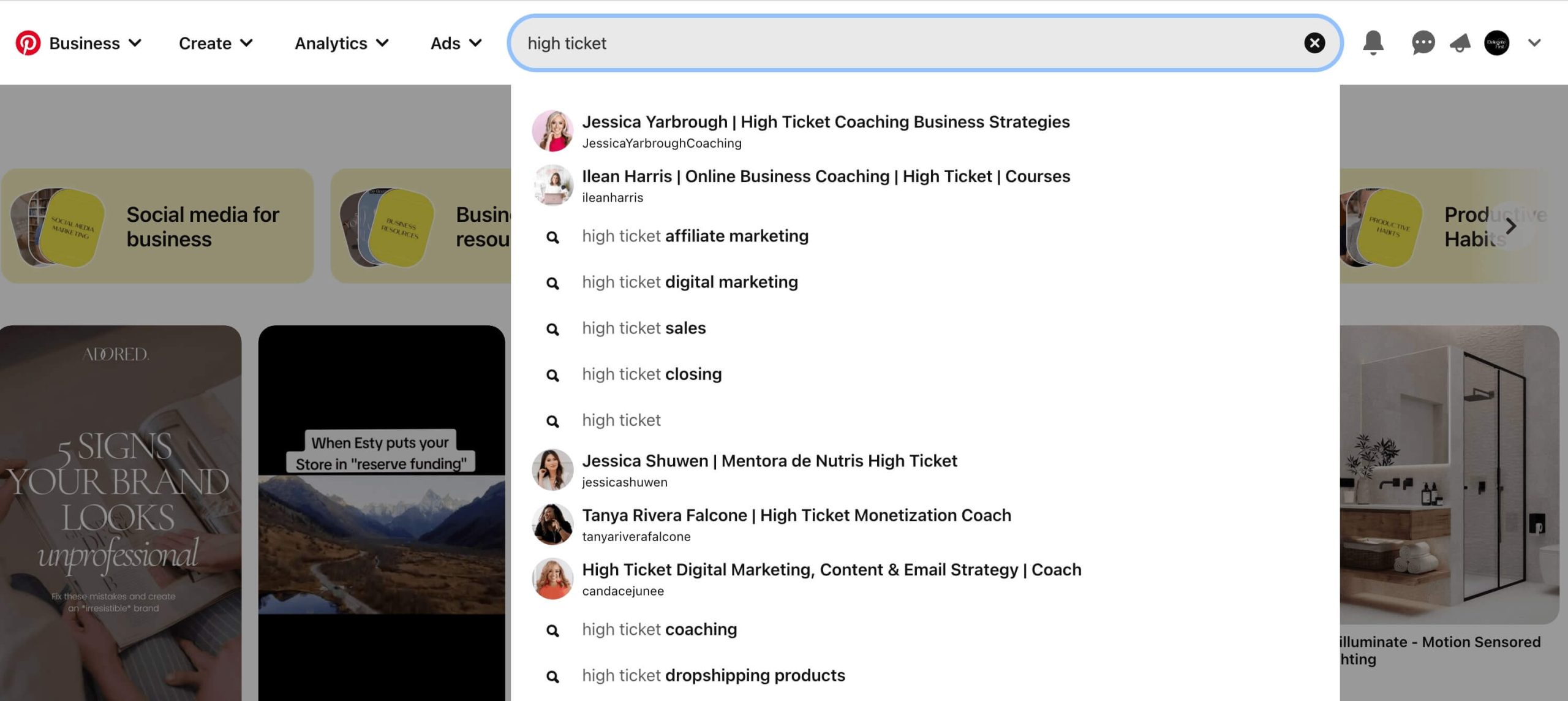 Example of how to search on Pinterest for the keyword: high ticket sales.