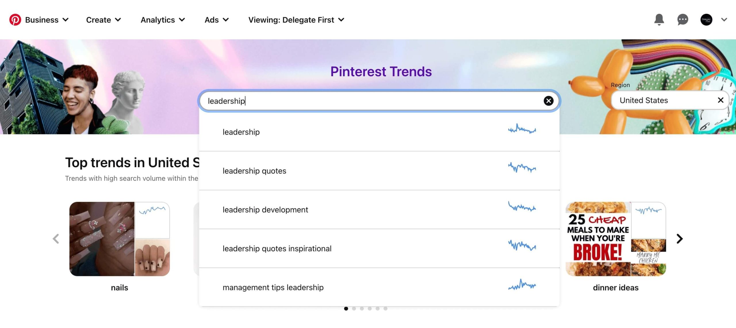 Screenshot of the Pinterest Trends tool to get keywords on Pinterest.