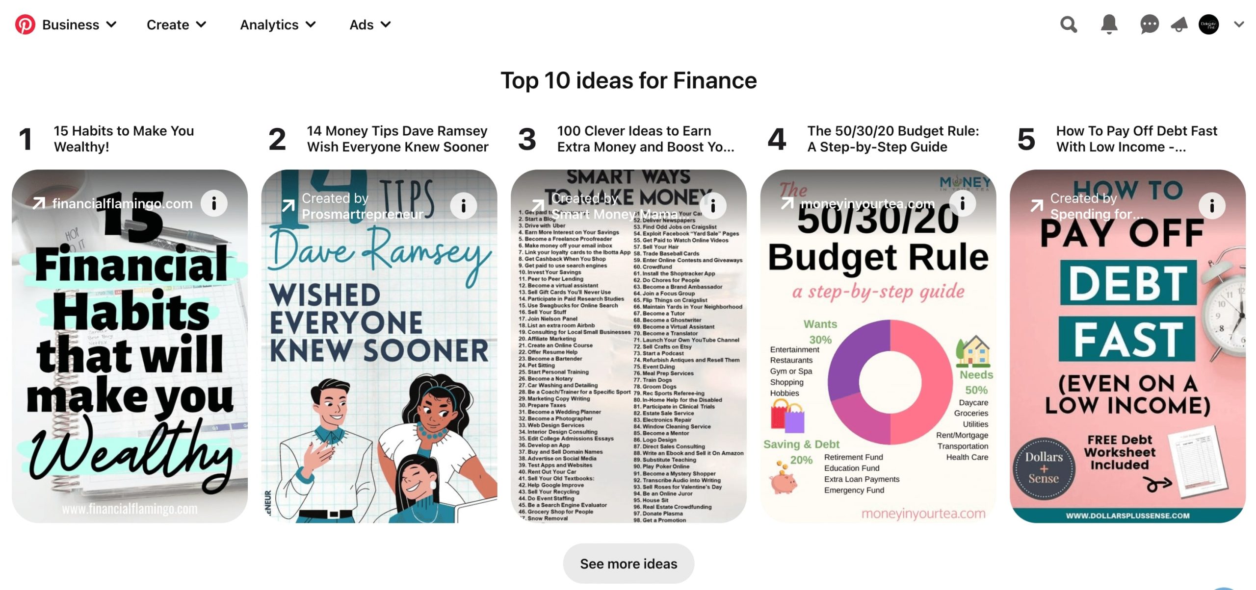 Screenshot with top ideas on Pinterest for the keyword: finance